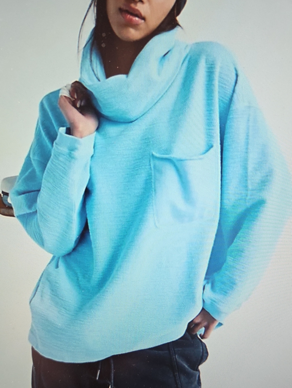 Free People Light Blue Cowl Neck Pocket Sweatshirt